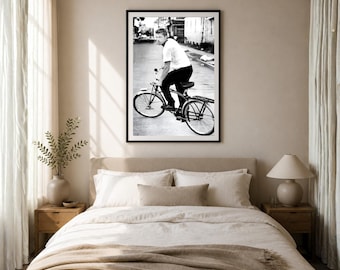 Brad Pitt Black and White Poster, Iconic Actor Bicycle Portrait, Classic Hollywood Photography, Vintage Street Style Wall Art