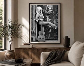 Dolly Parton Black and White Guitar Portrait Print, Retro Music Wall Art (Digital Download)