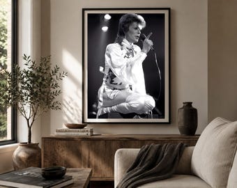 David Bowie Performing with Guitar Print, Black and White Photography, Iconic Bowie Moment, Vintage Bowie Shot, Classic Rock Photography