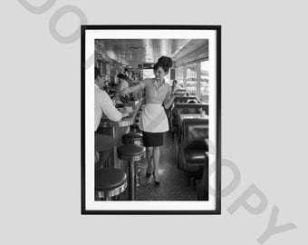 Classic Diner Poster, Black and White Art, American Diner Photography, Retro Waitress Cafe Print, Vintage Restaurant Travel Gift