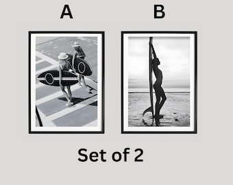 Set Of 2 Surfer Lifestyle Print, Black and White Beach Photography, Coastal Wall Art, Modern Ocean Home Decor