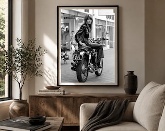 Françoise Hardy Poster, Black and White Photography Print, Iconic Motorcycle Portrait, 1960s French Style, Timeless Vintage Wall Art