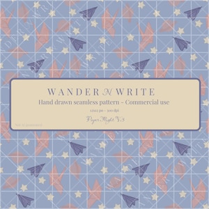 Peut inclure: Motif sans couture sur fond bleu clair, avec un quadrillage, des avions en papier, des étoiles et des formes origami violettes, rouges et crème. Le texte "WANDER N WRITE" et "Paper Flight V3" sont affichés.