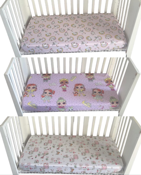 Set of Fitted Sheets for Baby Cot 60 x 120 cm – 100% Cotton – Unicorn,  Doll, Animal Motifs