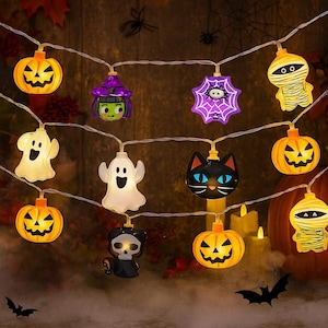May include: A string of Halloween-themed lights featuring jack-o'-lanterns, ghosts, a witch, a spider web, a mummy, a black cat, and a skeleton. The lights are orange, purple, black, and white, with a warm glow. The background includes candles, bats, and a wooden surface.