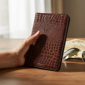 May include: A brown leather wallet with a crocodile skin texture. The wallet is personalized with the name "Mary" in silver lettering. The wallet is held on a wooden surface, with sunglasses in the background.