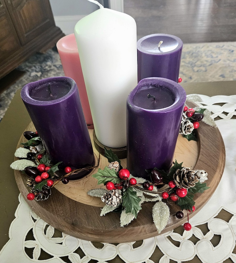 Handcrafted Walnut and Maple Advent wreath Candle Holder – Elegant Christmas Centerpiece image 1