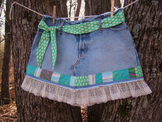 Blue jean mini AE skirt with patchwork border and lace OOAK | Etsy