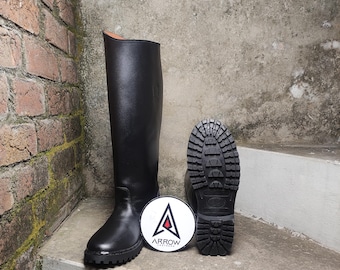 Handmade Black Genuine Leather Riding Boots, German Officer Knee High Equestrian Boots with Rubber Sole, Handcrafted Knee High Leather Boots