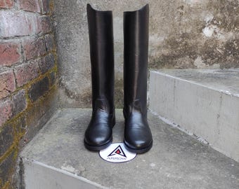 Botas militares de estilo alemán para oficial, hechas a mano, de cuero negro, con punta redonda.