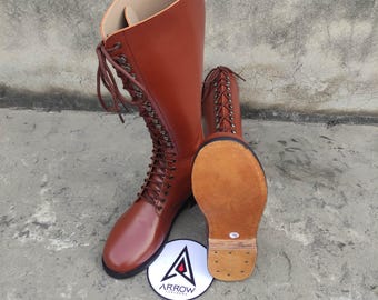 Handgemachte Tan Leder Hohe Schnürstiefel, Militärstil