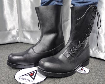 Handcrafted Military Style Black Mild Leather Boots With Side Lace Up, Rubber Sole Combat Boots