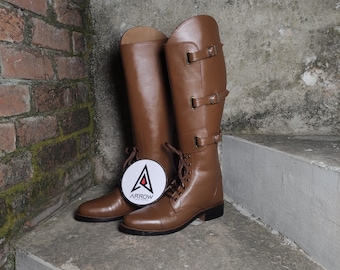 Men's Leather Cavalry Boots, Knee High Military Style, 3-Buckle Riding Boots