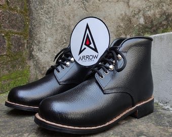 Men's Black Grained Leather Ankle Boots, Classic Lace-Up Chukka Style, Handmade Casual Dress Shoes