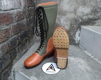 Handmade Vintage Leather & Canvas Military Boots, Lace-Up Workwear