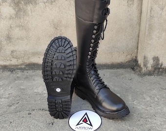 Handcrafted Black Leather Military Boots, Double Buckle, Lace-Up