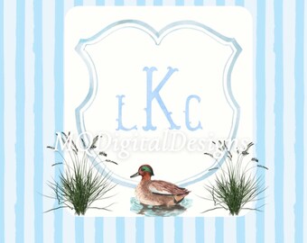 Druki z monogramem kaczki w kratkę gingham do pokoju dziecięcego
