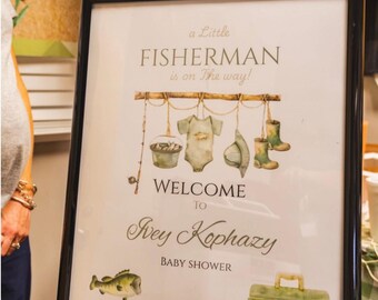 Plakat z zaproszeniem na baby shower z motywem małego rybaka