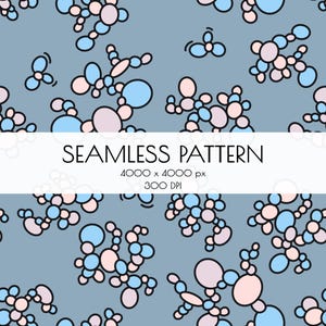 May include: Seamless pattern design featuring abstract shapes in light blue, pink, and black on a gray background. The text "SEAMLESS PATTERN" is displayed on a white banner. The image resolution is 4000 x 4000 px at 300 DPI.