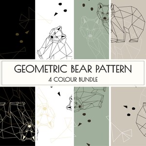 Puede incluir: Un diseño de patrón de oso geométrico en un paquete de 4 colores. La imagen presenta un patrón repetitivo de ilustraciones de osos en negro, blanco y dorado sobre varios fondos de colores. Se muestra el texto "GEOMETRIC BEAR PATTERN" y "4 COLOUR BUNDLE".