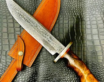 Custom Hand Forged Damascus Steel 15″ Bowie Hunting Knife With Leather SHEATH