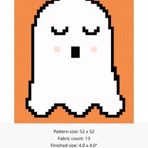 May include: A pixel art cross stitch pattern of a white ghost with black outlines, closed eyes, and pink cheeks on an orange background. Text includes: Pattern size: 52 x 52, Fabric count: 13, Finished size: 4.0 x 4.0", Total stitches: 2,184, Number of strands: 1, Total skeins: 4.