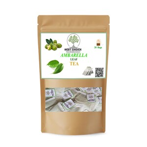 Può includere: Una busta verticale color marrone chiaro contenente tè alle foglie di Ambarella con 20 bustine. L'etichetta presenta un logo ad albero, il testo BEST CHOICE AMBARELLA LEAF TEA, immagini di frutti e foglie verdi, un'icona e un codice QR.