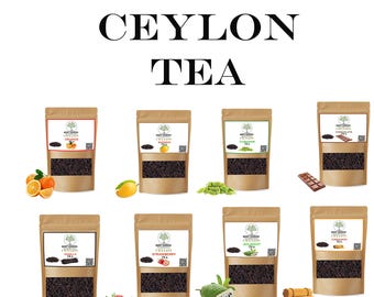 May include: Selection of flavored Ceylon tea in brown paper pouches. Flavors include orange, mango, chocolate, vanilla, strawberry, soursop, and cinnamon. The text "FLAVORED CEYLON TEA" is at the top of the image.