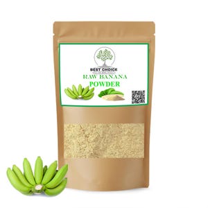 May include: A brown packet of raw banana powder with a green and white label. The label reads "Best Choice Raw Banana Powder" with a tree logo. A bunch of green bananas is in the lower left corner.