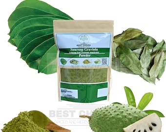 May include: An image showcasing soursop products. It features a bag of soursop powder, fresh green leaves, dried leaves, a soursop fruit, and a wooden spoon with powder. The bag is labeled "Soursop Graviola Powder".