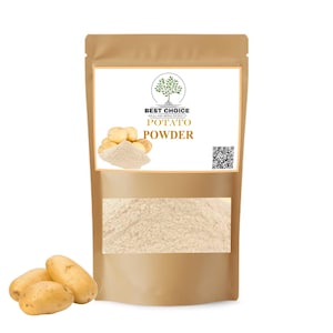 May include: A brown paper bag of potato powder with the text "BEST CHOICE" and "POTATO POWDER". The bag has a clear window showing the powder. Three potatoes are in front of the bag.