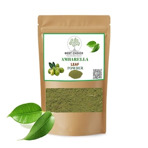 May include: A tan stand-up pouch containing green ambarella leaf powder. The label features the text BEST CHOICE AMBARELLA LEAF POWDER, a graphic of a tree, a cluster of green fruits, a pile of powder, and a QR code. Two green leaves sit in front.