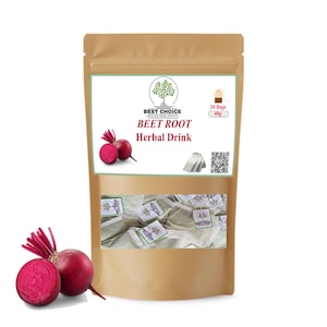 May include: A tan pouch of Best Choice Beet Root Herbal Drink containing 20 tea bags totaling 40g. The label features a tree logo, text, a QR code, and an illustration of a whole and sliced beet. A whole and sliced beet are shown below.