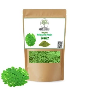 May include: A brown paper packet of organic moringa leaves powder. The packet has a white label with the text "BEST CHOICE" and "Organic Moringa Leaves Powder". A QR code and a sample of green powder are also visible.