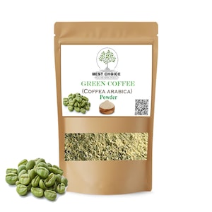 May include: A brown paper bag of green coffee powder with a clear window, and a white label with the text "GREEN COFFEE (COFFEA ARABICA) Powder". Green coffee beans are shown in the image.