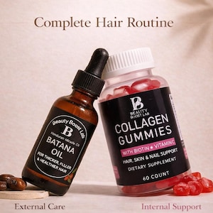 Peut inclure: Une routine capillaire complète avec une bouteille d'huile de Batana brune et un pot de gommes au collagène. La bouteille d'huile de Batana a un compte-gouttes noir et une étiquette qui dit "Pour des cheveux plus épais, plus fournis et plus sains".