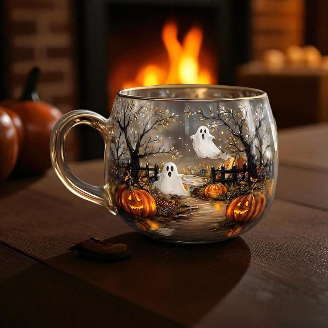 Mug Halloween Verre Peint – Tasse Fantôme Effrayant Citrouilles – Cadeau Spooky Café Halloween, Micro-ondes Safe, Déco Automne