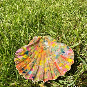 May include: A large, painted seashell in a variety of colours, including pink, yellow, orange, and blue. The shell is on green grass, creating a natural contrast. The shell's surface is covered in abstract paint strokes. The shell is approximately 15 cm in diameter.
