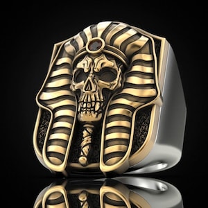 Pharaoh Skull Ring: 925 Sterling Silver & Gold Plated Gothic Biker Jewelry