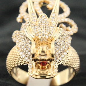 14k yellow gold over Dragon Diamond Ring – Men’s Gothic Statement Ring, Silver Dragon Jewelry, Fantasy Dragon Ring, Men’s Statement Jewelry