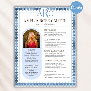 May include: A resume template featuring a blue and white checkered border, the monogram ARC, and the name Amelia Rose Carter. It includes sections for contact information, education, Greek affiliation, club leadership, awards, and employment history.
