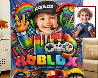 Custom Roblox Blanket with Child Face, Personalized Blanket for Kids & Gamers, Cozy Soft Throw, Custom Roblox Gift for Boys Girls, Kid Gifts