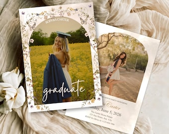 Floral Graduation Announcement Photo Template, Editable Canva Senior Girl Grad 2026, Wildflower Photo Grad Girl Invite Book