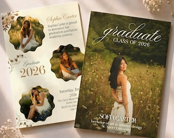 Modern Graduation Invitation Template | Editable Grad Senior Girl Photo Card |  Class Of 2026 | Canva Digital Download