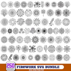 May include: A collection of 250 black and white firework illustrations featuring various radial, starburst, and floral patterns. The graphic set includes individual firework designs and rocket icons, labeled as a Firework SVG Bundle.