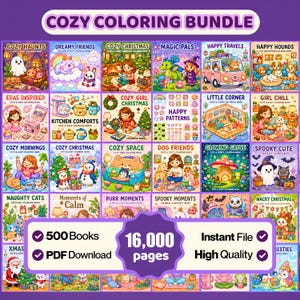 Op de afbeelding: Een digitaal kleurboekenpakket met 500 boeken en 16.000 pagina's in PDF-formaat. De afbeelding toont een raster van kleurrijke boekomslagen met thema's zoals Cozy Haunts, Dreamy Friends, Cozy Christmas, Magic Pals en Happy Travels.