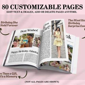 May include: An open book with the text "80 Customizable Pages" and "Edit Text & Images, Add or Delete Pages Anytime." The pages feature photos and text, with phrases like "Best Wishes!" and "Happy Birthday, Calantha."