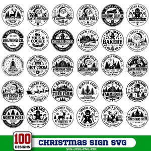 Puede incluir: Una colección de 30 diseños gráficos circulares en blanco y negro con temática navideña que incluyen ilustraciones de Santa Claus, renos, hombres de jengibre, muñecos de nieve y texto festivo con diversas frases de temporada.