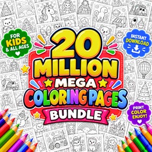 Puede incluir: Un paquete digital de 20 millones de páginas para colorear con una variedad de ilustraciones en blanco y negro que incluyen unicornios, animales, vehículos y temas festivos, con textos coloridos y lápices de colores brillantes.