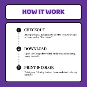 May include: A purple and white instructional graphic titled HOW IT WORK. It outlines three steps: 1 CHECKOUT, download your PDF from Etsy; 2 DOWNLOAD, open the Google Drive link; 3 PRINT & COLOR, print your coloring book at home to start coloring.